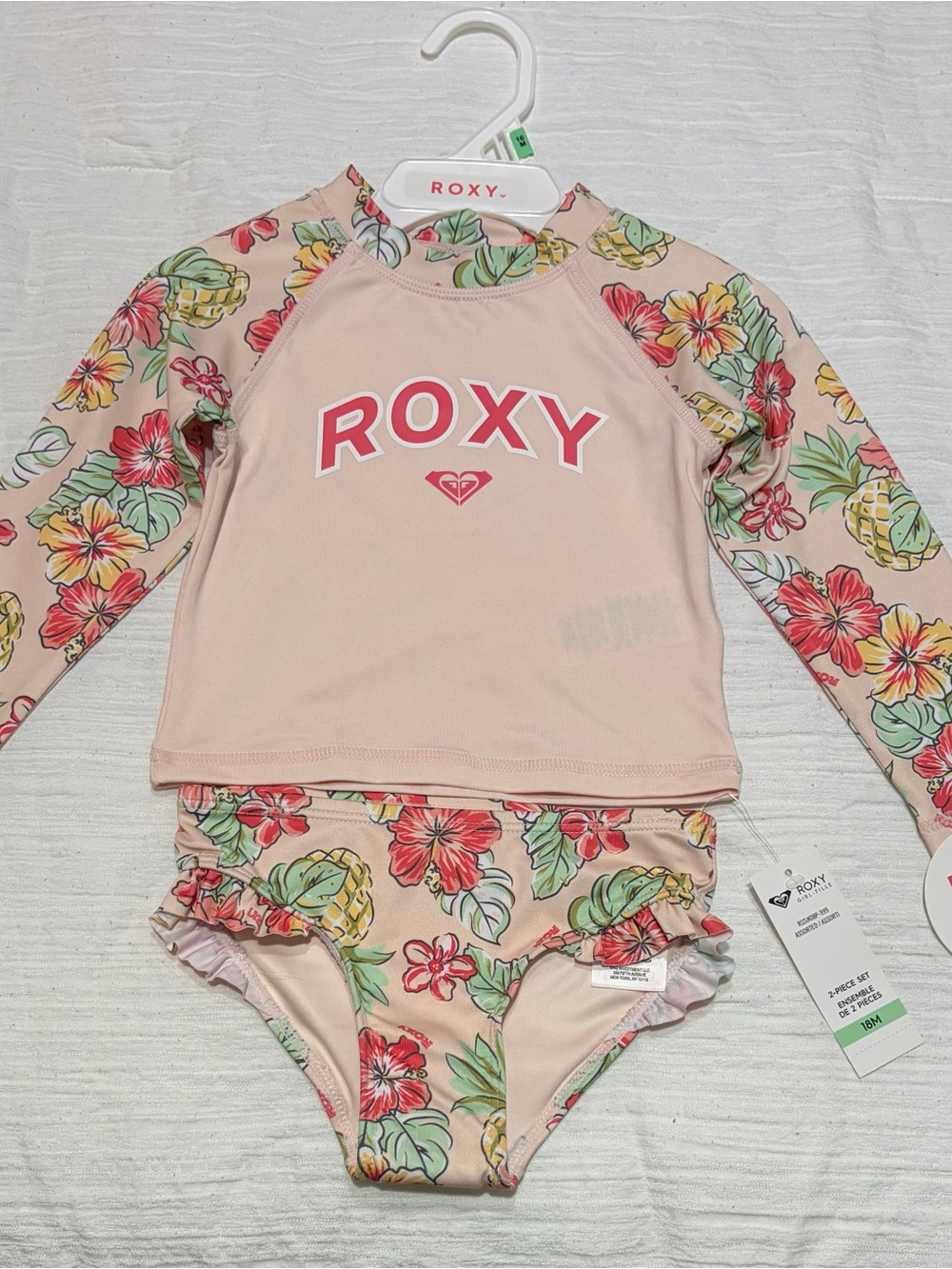 Roxy Girls' Pink Floral Long-Sleeve Rashguard Two-Piece Set